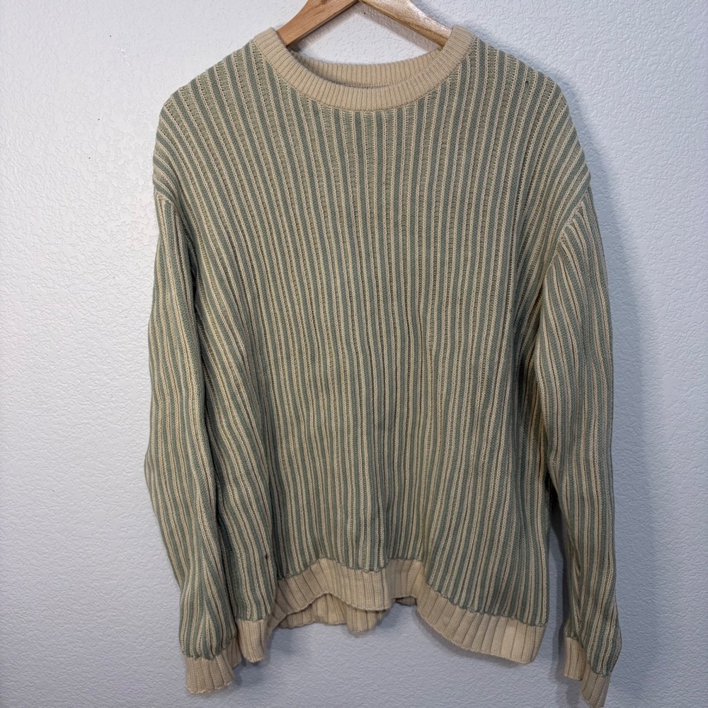 Zara Man Striped Ribbed Knit Sweater Sage Green Cream Crewneck XL
